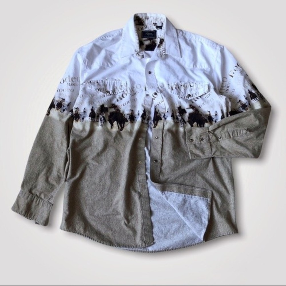 Roper Western Rodeo Cotton Shirt Horses Graphic Snap Button Front Long Sleeve L